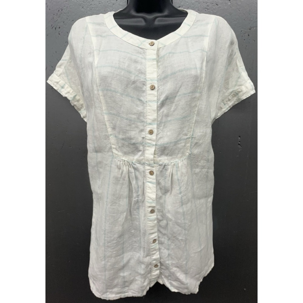 Linen‎ Top Women L White Blue Stripe Button Up Casual Coastal Preppy Beachy